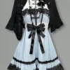 vintage gothic vintage inspired white lace cami mini dress set dark aesthetic bow cross empire waist dress with black short sleeve cardigan 2 piece set