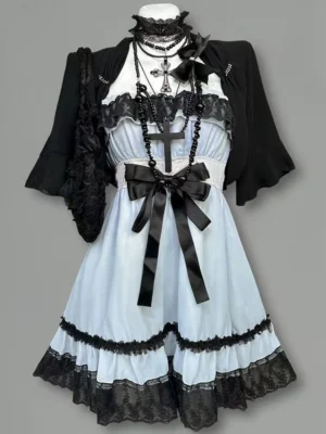 vintage gothic vintage inspired white lace cami mini dress set dark aesthetic bow cross empire waist dress with black short sleeve cardigan 2 piece set
