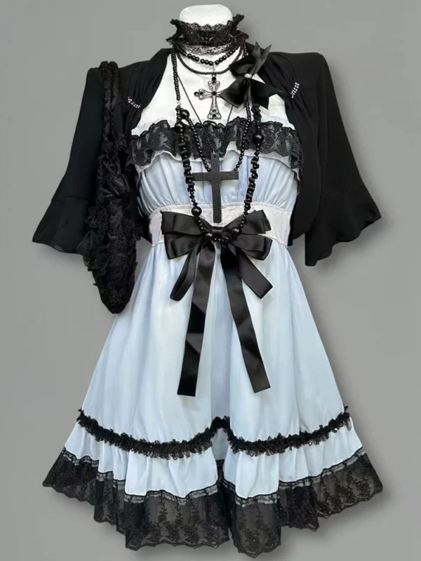 vintage gothic vintage inspired white lace cami mini dress set dark aesthetic bow cross empire waist dress with black short sleeve cardigan 2 piece set