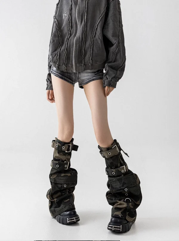 Solost Camouflage Denim Leg Warmers – Vintage Washed Punk Buckle Strap Wasteland Style Knee-High Calf Covers
