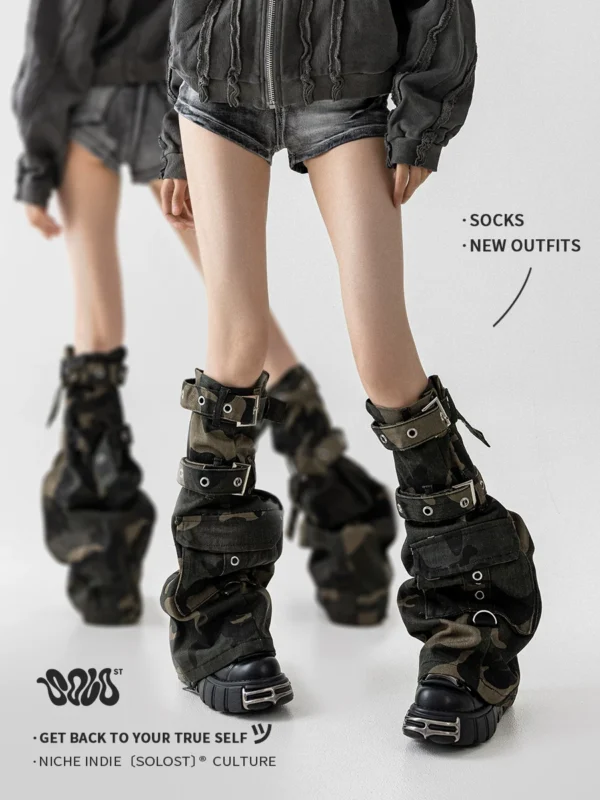 solost camouflage denim leg warmers – vintage washed punk buckle strap wasteland style knee high calf covers