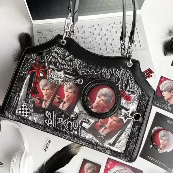 customizable ita bag clear window tote shoulder bag, gothic aesthetic handbag with snake skin texture