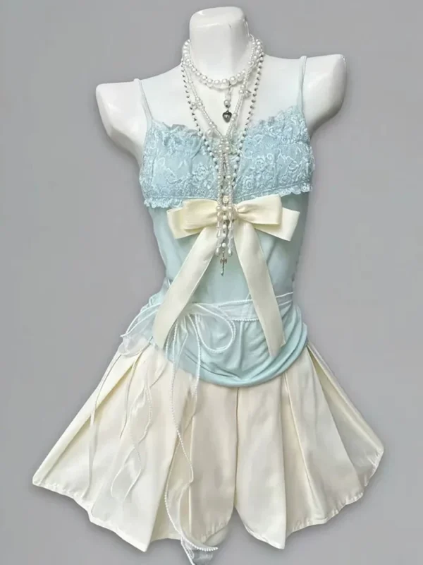 Vintage Mint Green Ruffle Cardigan, Lace Camisole & Pleated Mini Skirt – Coquette Aesthetic 3-Piece Summer Outfit Set