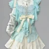 Vintage Mint Green Ruffle Cardigan, Lace Camisole & Pleated Mini Skirt – Coquette Aesthetic 3-Piece Summer Outfit Set