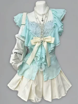 Vintage Mint Green Ruffle Cardigan, Lace Camisole & Pleated Mini Skirt – Coquette Aesthetic 3-Piece Summer Outfit Set