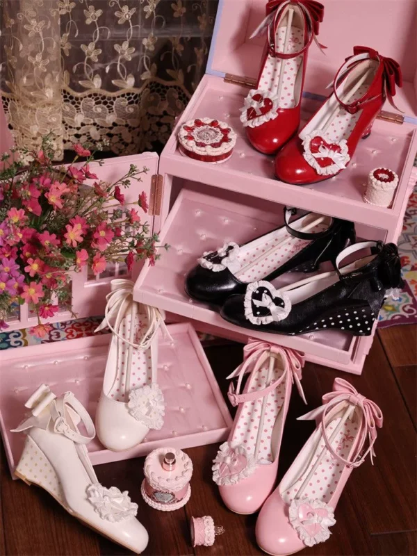 vintage sweet lolita polka dot wedge pumps – women's lace heart bow slip on slip on retro slip on shoes