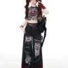 Crazygirl Punk Distressed Ripped Wide-Leg Jeans – Vintage Washed Gothic Graphic Denim Pants with Buckle Straps
