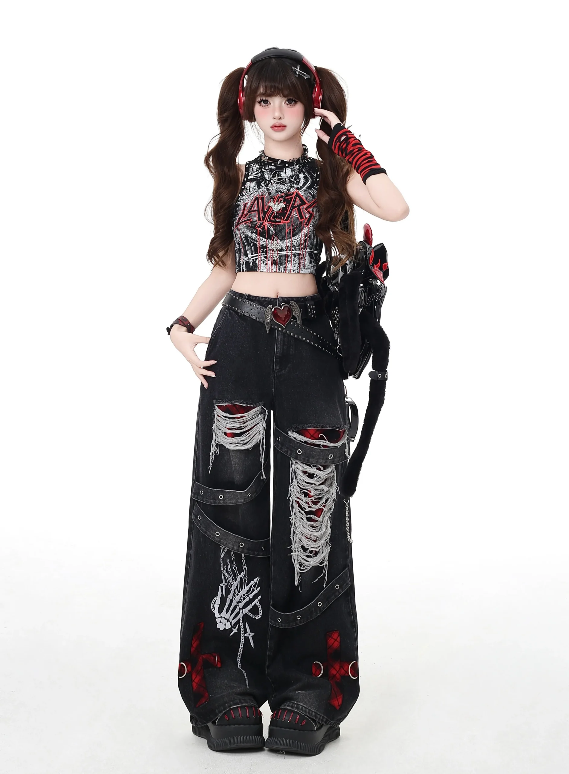 Crazygirl Punk Distressed Ripped Wide-Leg Jeans – Vintage Washed Gothic Graphic Denim Pants with Buckle Straps