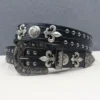 Y2K Gothic Punk Skull Studded Belt – Vintage Western Rhinestone Buckle Leather Belt with Cross & Fleur-de-Lis Metal Accents