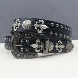 O1CN01E38RLZ1oKOxwdOokd_4082055206 Y2K Gothic Punk Skull Studded Belt – Vintage Western Rhinestone Buckle Leather Belt with Cross & Fleur-de-Lis Metal Accents