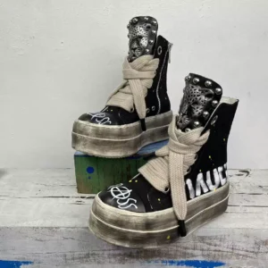 Punk Studded Leopard Head High-Top Platform Sneakers – Unisex Vintage Washed Chunky Canvas Boots
