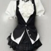 Japanese Preppy Vintage Puff Sleeve Ruffle Shirt, Tailored Vest & Lace Tiered Cake Skirt – Gothic Academic 3-Piece Summer Outfit Set