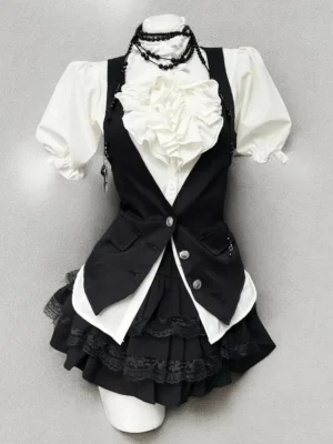 Japanese Preppy Vintage Puff Sleeve Ruffle Shirt, Tailored Vest & Lace Tiered Cake Skirt – Gothic Academic 3-Piece Summer Outfit Set