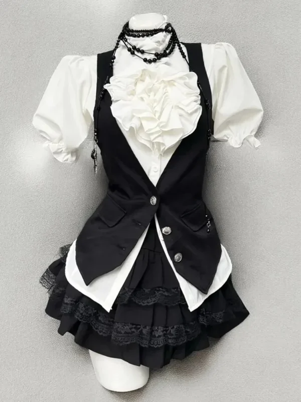 Japanese Preppy Vintage Puff Sleeve Ruffle Shirt, Tailored Vest & Lace Tiered Cake Skirt – Gothic Academic 3-Piece Summer Outfit Set