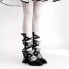 n rose gothic lolita pointed toe strappy mid calf boots subculture cross buckle cutout chunky high heels with detachable striped bows (size 34 41)