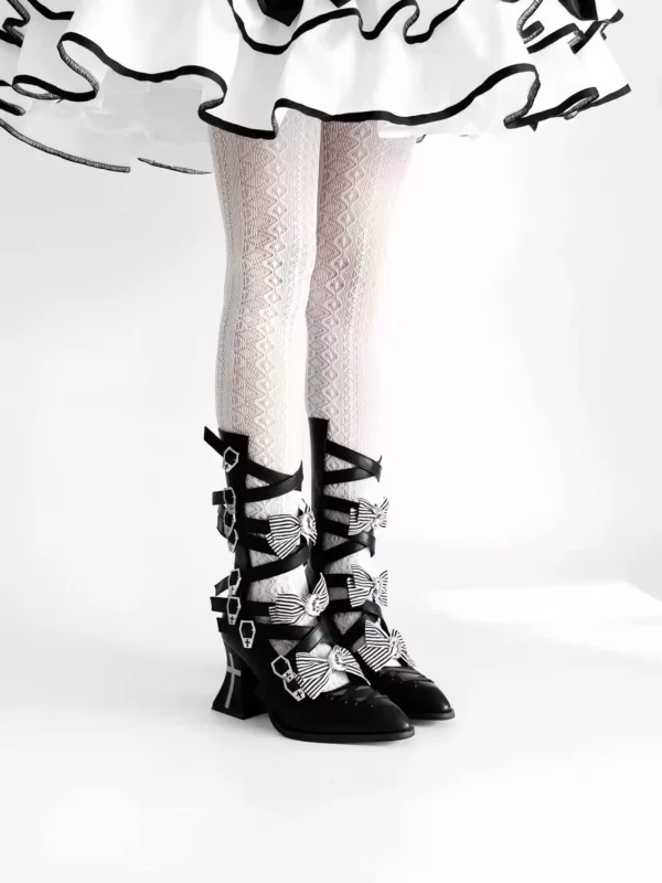 n rose gothic lolita pointed toe strappy mid calf boots subculture cross buckle cutout chunky high heels with detachable striped bows (size 34 41)