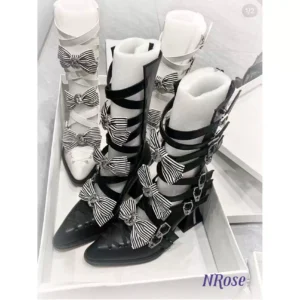 n rose gothic lolita pointed toe strappy mid calf boots subculture cross buckle cutout chunky high heels with detachable striped bows (size 34 41)