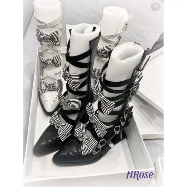 n rose gothic lolita pointed toe strappy mid calf boots subculture cross buckle cutout chunky high heels with detachable striped bows (size 34 41)