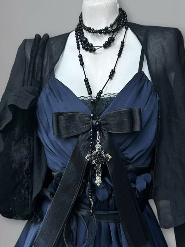 gothic vintage inspired cami mini dress set dark aesthetic bow cross ruched dress with lightweight sheer black sun protection cardigan 2 piece set