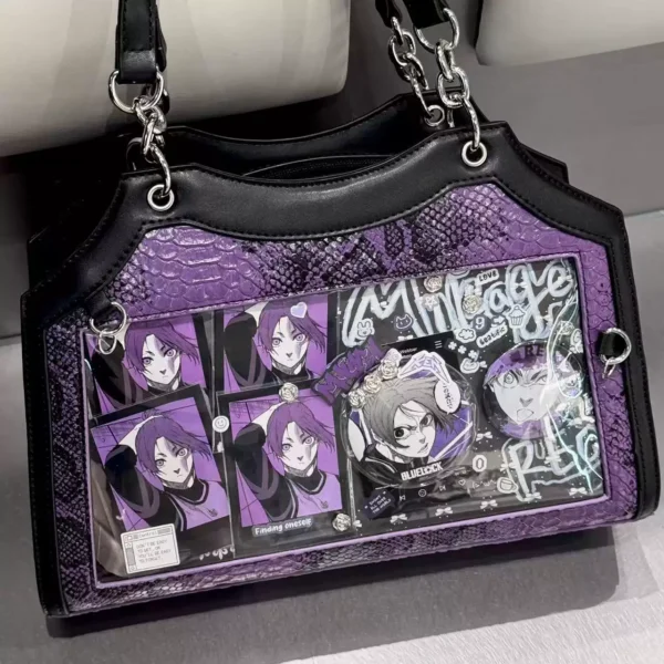 customizable ita bag clear window tote shoulder bag, gothic aesthetic handbag with snake skin texture