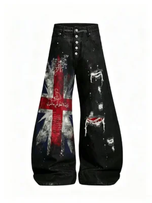 rogic hand splattered union jack curved wide leg jeans – high waisted ripped distressed punk streetwear denim pants