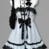 vintage gothic vintage inspired white lace cami mini dress set dark aesthetic bow cross empire waist dress with black short sleeve cardigan 2 piece set