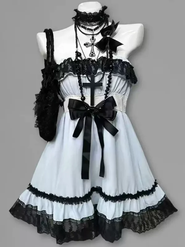vintage gothic vintage inspired white lace cami mini dress set dark aesthetic bow cross empire waist dress with black short sleeve cardigan 2 piece set