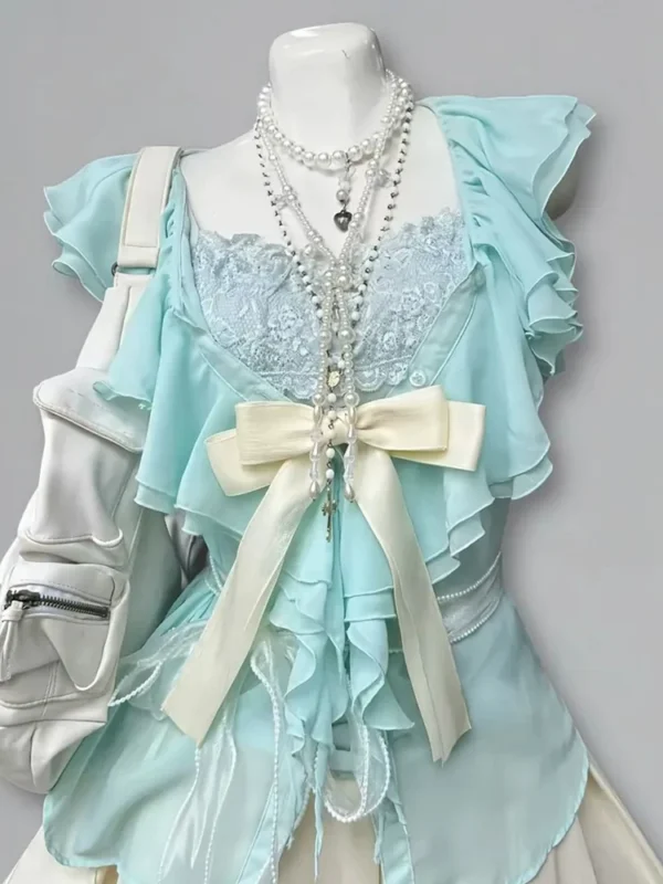 Vintage Mint Green Ruffle Cardigan, Lace Camisole & Pleated Mini Skirt – Coquette Aesthetic 3-Piece Summer Outfit Set