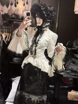 devilfashion women's gothic victorian white blouse – vintage ruffle lace bell sleeve jacquard shirt (sht01702)
