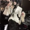 devilfashion women's gothic victorian white blouse – vintage ruffle lace bell sleeve jacquard shirt (sht01702)