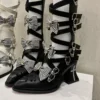n rose gothic lolita pointed toe strappy mid calf boots subculture cross buckle cutout chunky high heels with detachable striped bows (size 34 41)