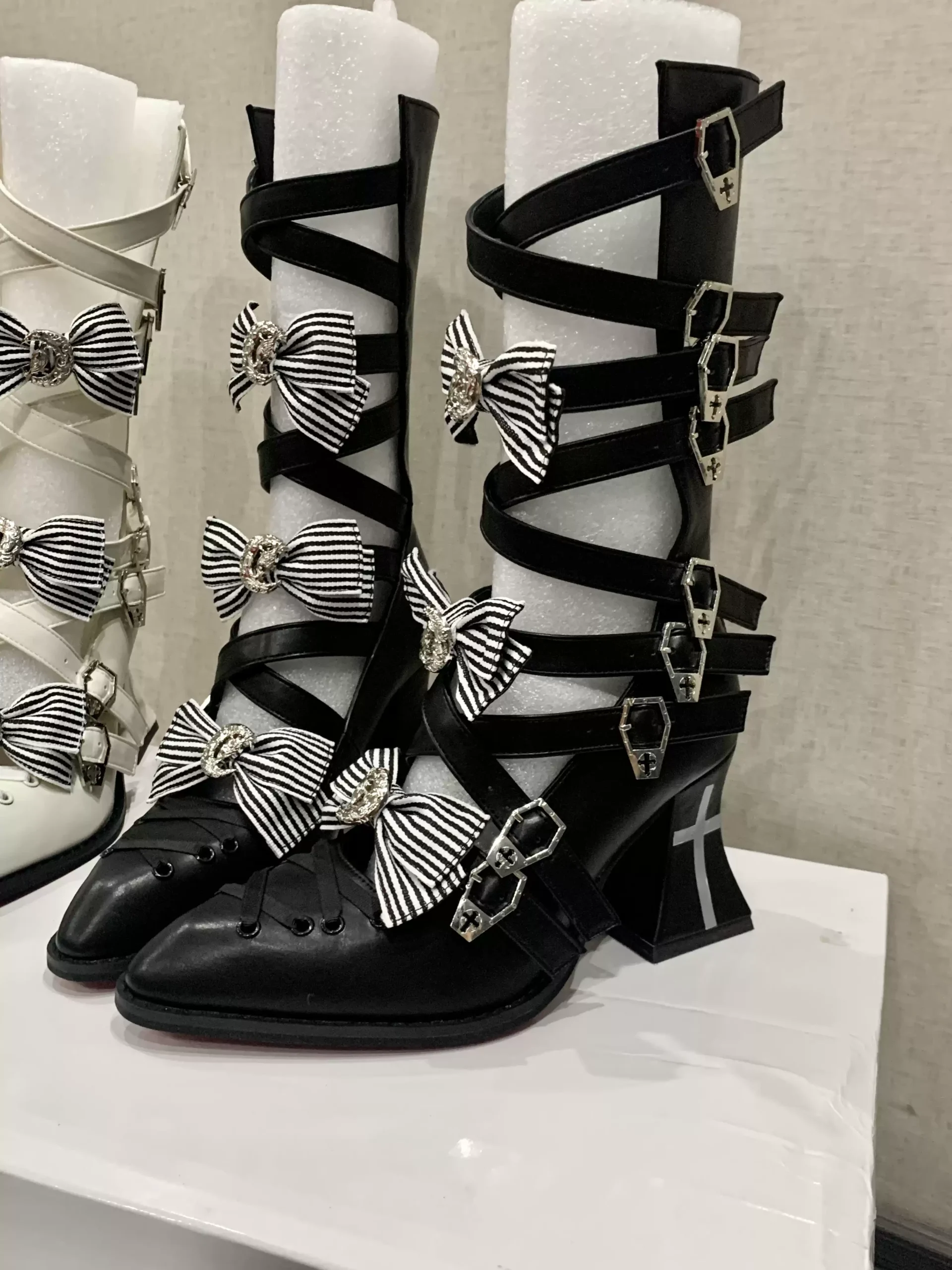 n rose gothic lolita pointed toe strappy mid calf boots subculture cross buckle cutout chunky high heels with detachable striped bows (size 34 41)