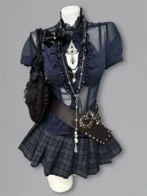 Y2K Vintage Cyber Gothic Sheer Mesh Ruffle Blouse & Plaid Pleated Mini Skirt – Dark Coquette Grunge 2-Piece Summer Outfit Set