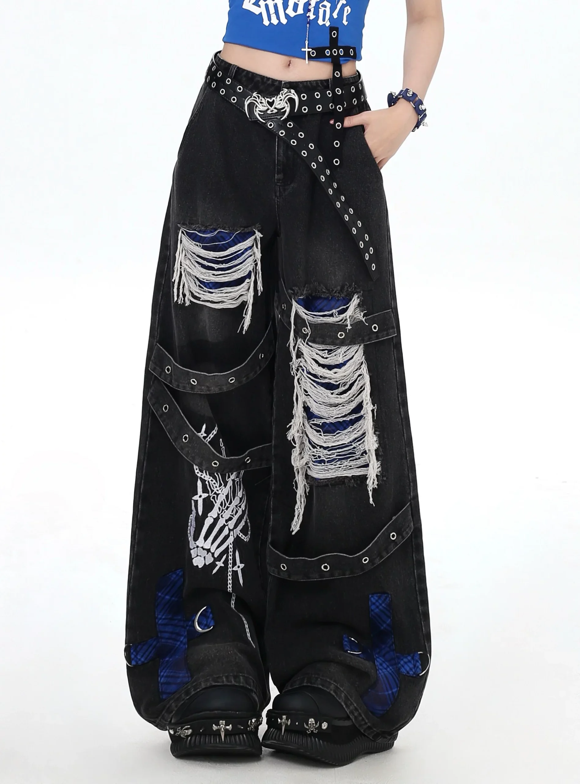 Crazygirl Punk Distressed Ripped Wide-Leg Jeans – Vintage Washed Gothic Graphic Denim Pants with Buckle Straps