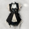 vintage gothic vintage inspired layered 3 piece outfit set black knit tie vest, beige floral lace puff sleeve cami top & tiered skirt