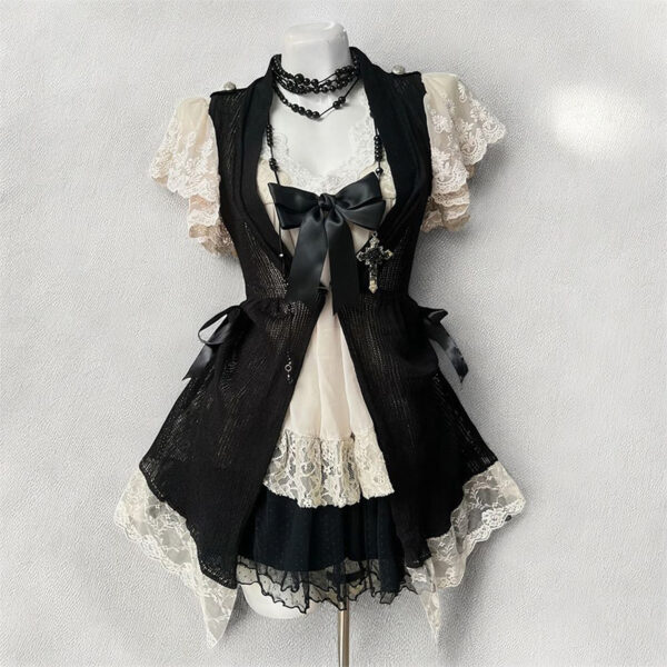 vintage gothic vintage inspired layered 3 piece outfit set black knit tie vest, beige floral lace puff sleeve cami top & tiered skirt