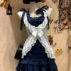 retro nana style vintage 3 piece outfit set sheer white lace cardigan shrug, ribbon bow navy cami top & tiered ruffle mini cake skirt