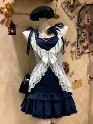 retro nana style vintage 3 piece outfit set sheer white lace cardigan shrug, ribbon bow navy cami top & tiered ruffle mini cake skirt