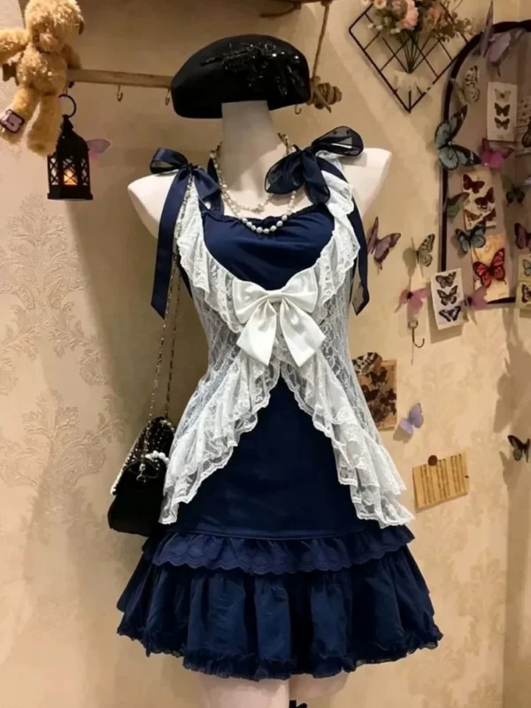 retro nana style vintage 3 piece outfit set sheer white lace cardigan shrug, ribbon bow navy cami top & tiered ruffle mini cake skirt