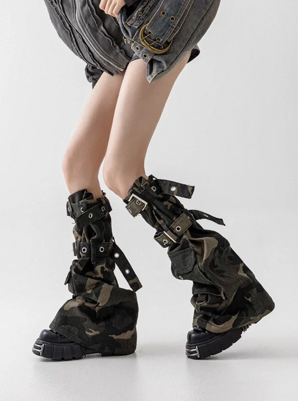 Solost Camouflage Denim Leg Warmers – Vintage Washed Punk Buckle Strap Wasteland Style Knee-High Calf Covers