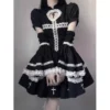Gothic Cross Contrast Lace Lolita OP Dress – Women's Black Puff Sleeve Mini A-Line Halloween Dress