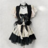 vintage gothic vintage inspired layered 3 piece outfit set black knit tie vest, beige floral lace puff sleeve cami top & tiered skirt