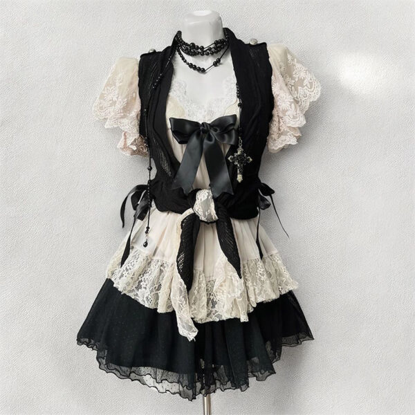 vintage gothic vintage inspired layered 3 piece outfit set black knit tie vest, beige floral lace puff sleeve cami top & tiered skirt