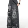 Crazygirl Punk Distressed Ripped Wide-Leg Jeans – Vintage Washed Gothic Graphic Denim Pants with Buckle Straps