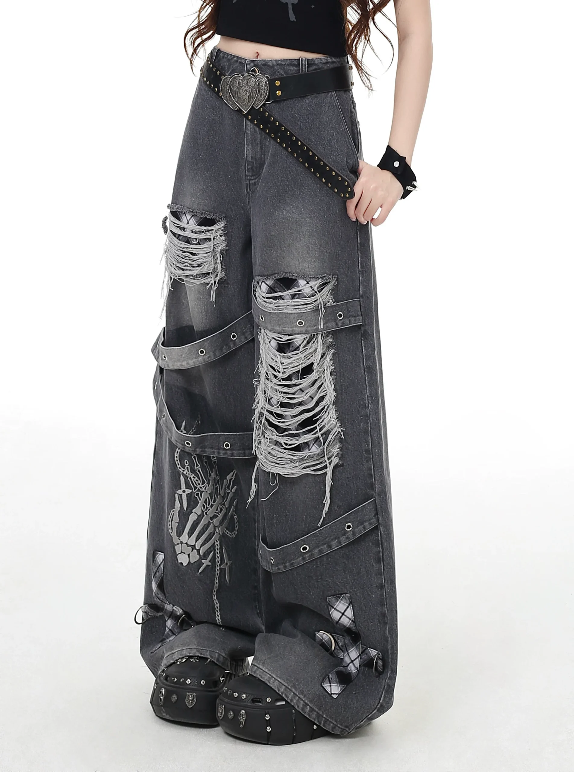 Crazygirl Punk Distressed Ripped Wide-Leg Jeans – Vintage Washed Gothic Graphic Denim Pants with Buckle Straps