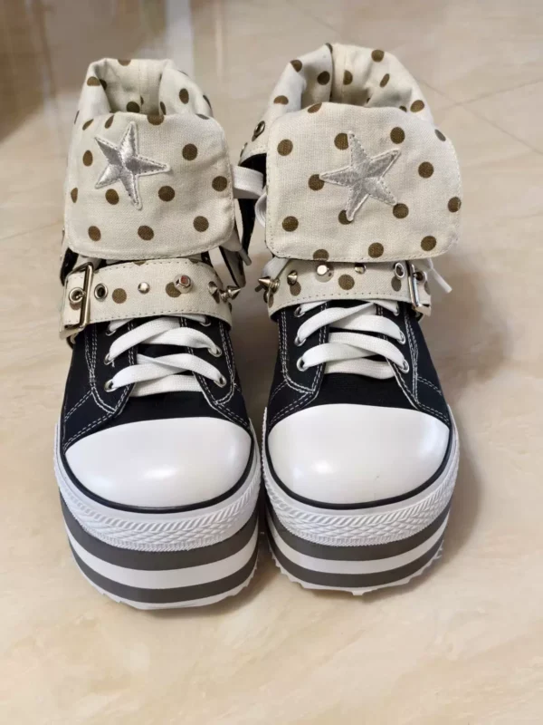 Handmade Polka Dot Star High-Top Platform Canvas Sneakers – Women's Chunky Striped Sole Subculture Ankle Boots