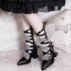 n rose gothic lolita pointed toe strappy mid calf boots subculture cross buckle cutout chunky high heels with detachable striped bows (size 34 41)
