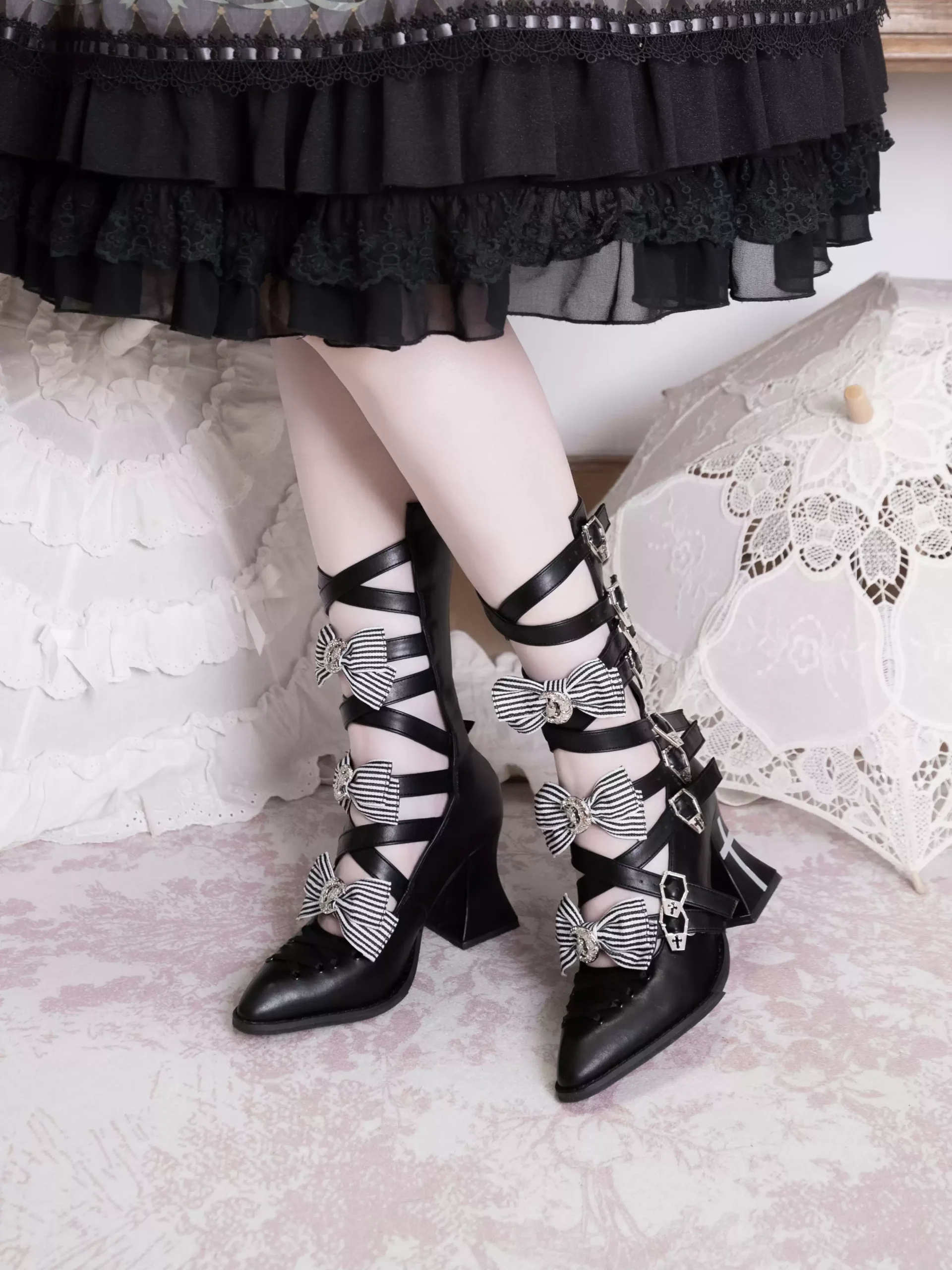 n rose gothic lolita pointed toe strappy mid calf boots subculture cross buckle cutout chunky high heels with detachable striped bows (size 34 41)