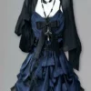 gothic vintage inspired cami mini dress set dark aesthetic bow cross ruched dress with lightweight sheer black sun protection cardigan 2 piece set
