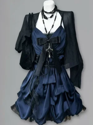 gothic vintage inspired cami mini dress set dark aesthetic bow cross ruched dress with lightweight sheer black sun protection cardigan 2 piece set